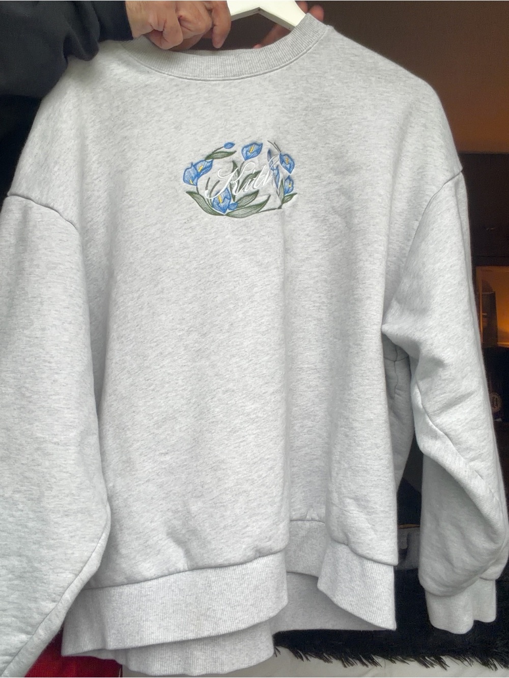 KITH Light Gray Sweatshirt with Blue Floral Embroidery